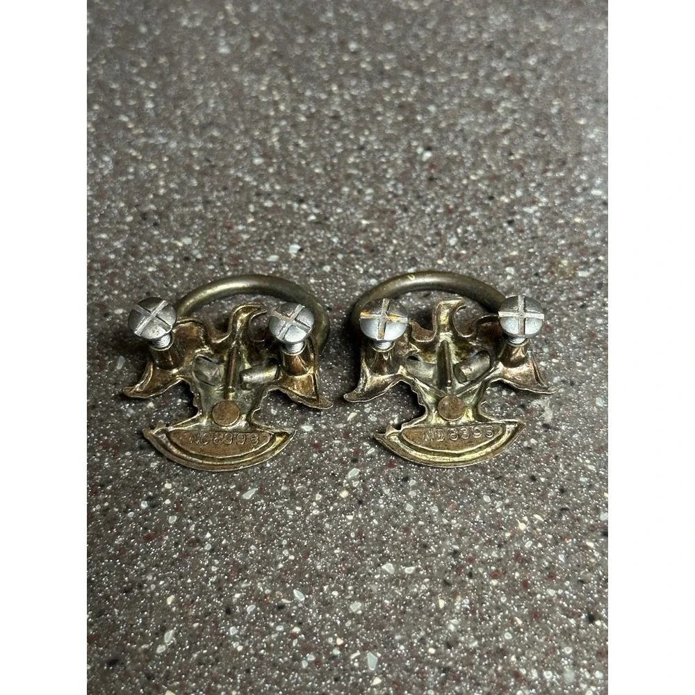 Vintage Eagle Ring Drawer Pulls Antique Brass Cabinet Hardware Pair No 8393